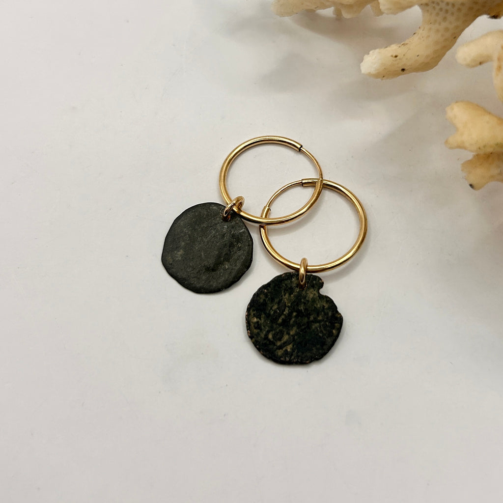 Gold Hoop and Roman Coin Earrings