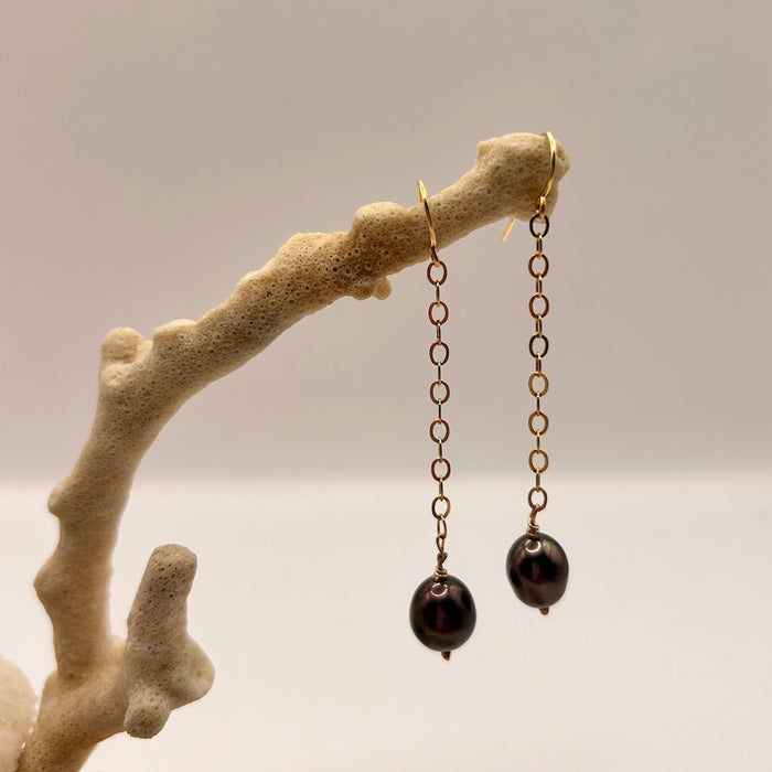 Freshwater Black pearl and Gold Chain Hook Earrings