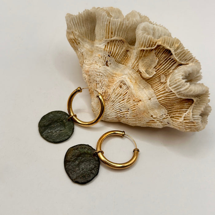 Ancient Roman Coin and Gold Earrings