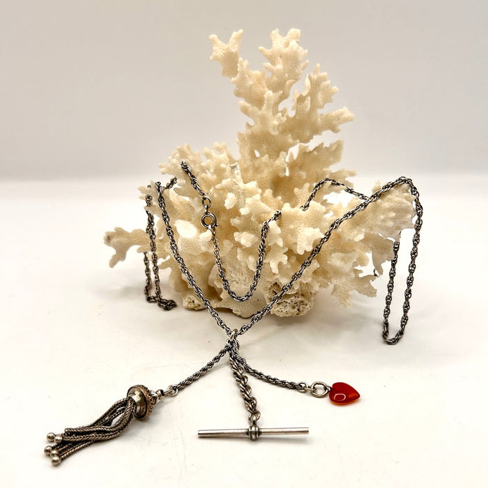 Silver Rope Tassle and T Bar Albertina and Heart Necklace