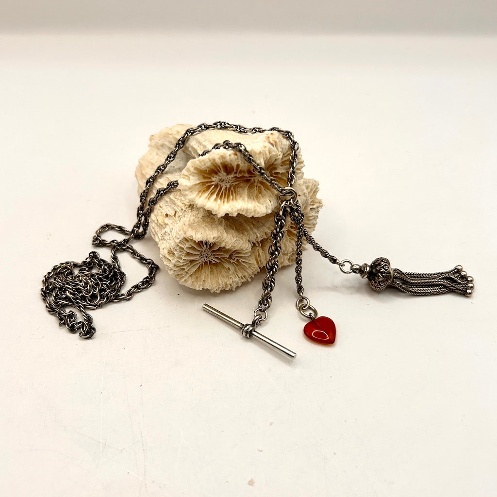 Silver Rope Tassle and T Bar Albertina and Heart Necklace