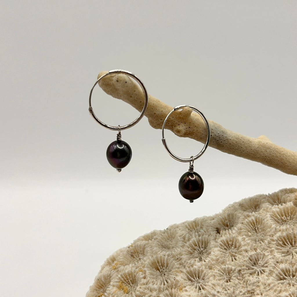 Silver and Black pearl Hoops 