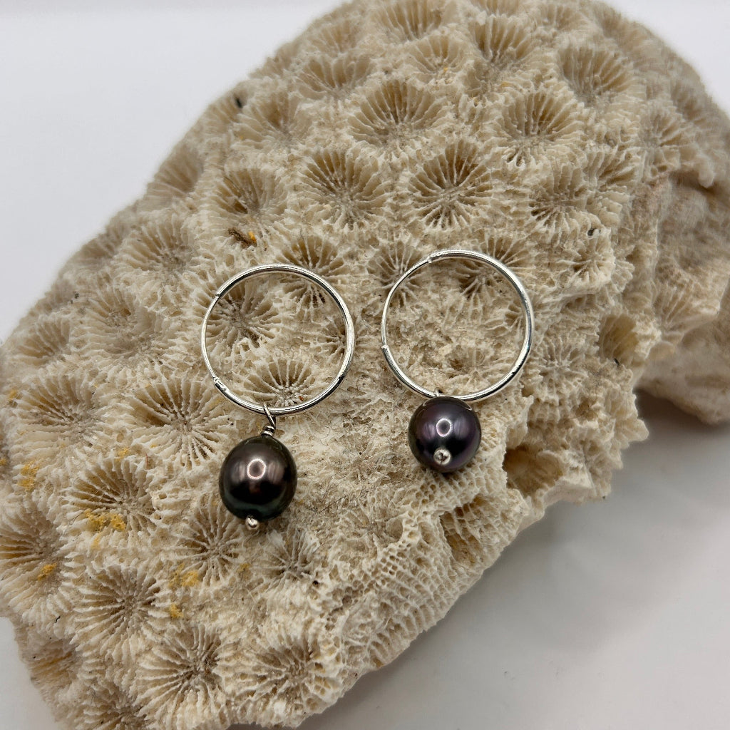 Silver and Black pearl Hoops 