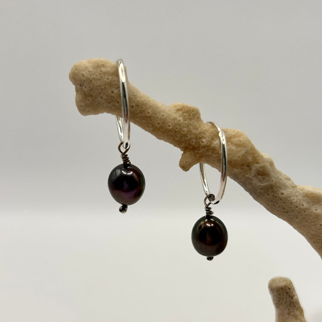 Silver and Black pearl Hoops 