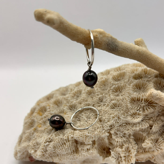 Silver and Black pearl Hoops 
