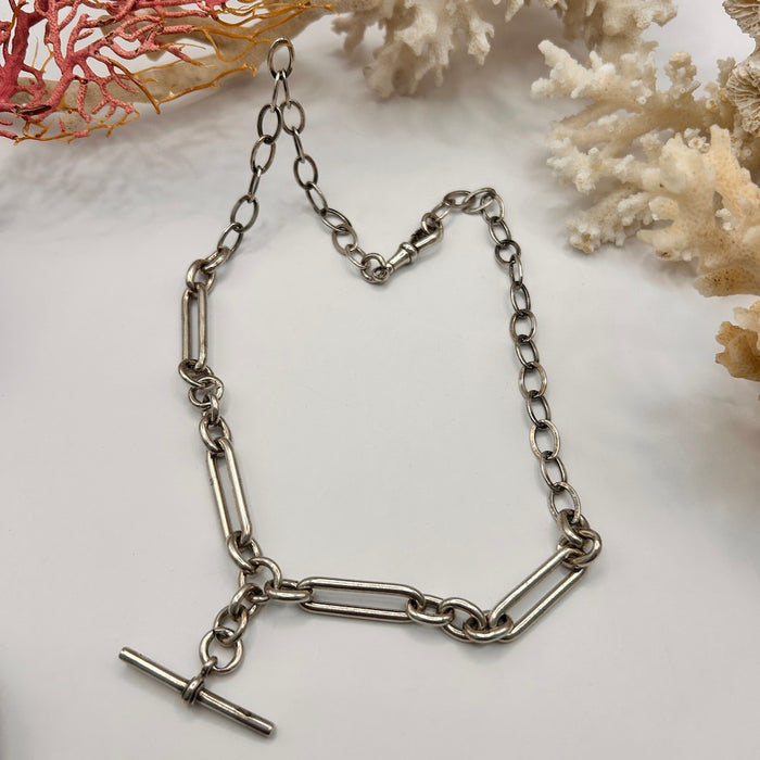 Victorian Chunky Silver Trombone and Oval Chain Necklace