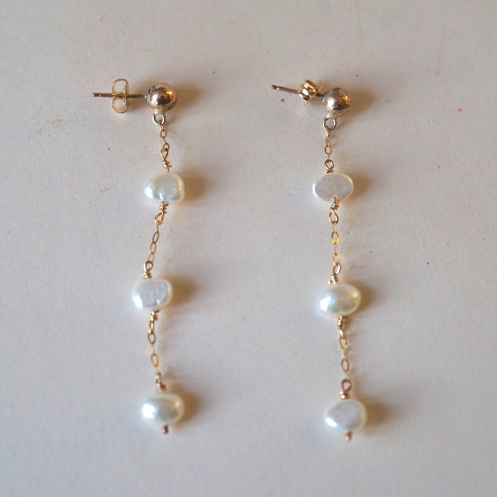 Gold and 3 Freshwater Pearl Drop Earrings
