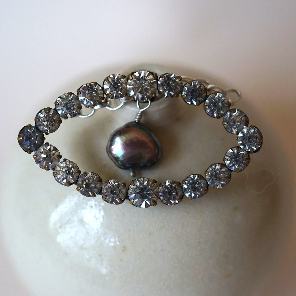 Diamante and Grey Pearl 3rd Eye Silver Necklace