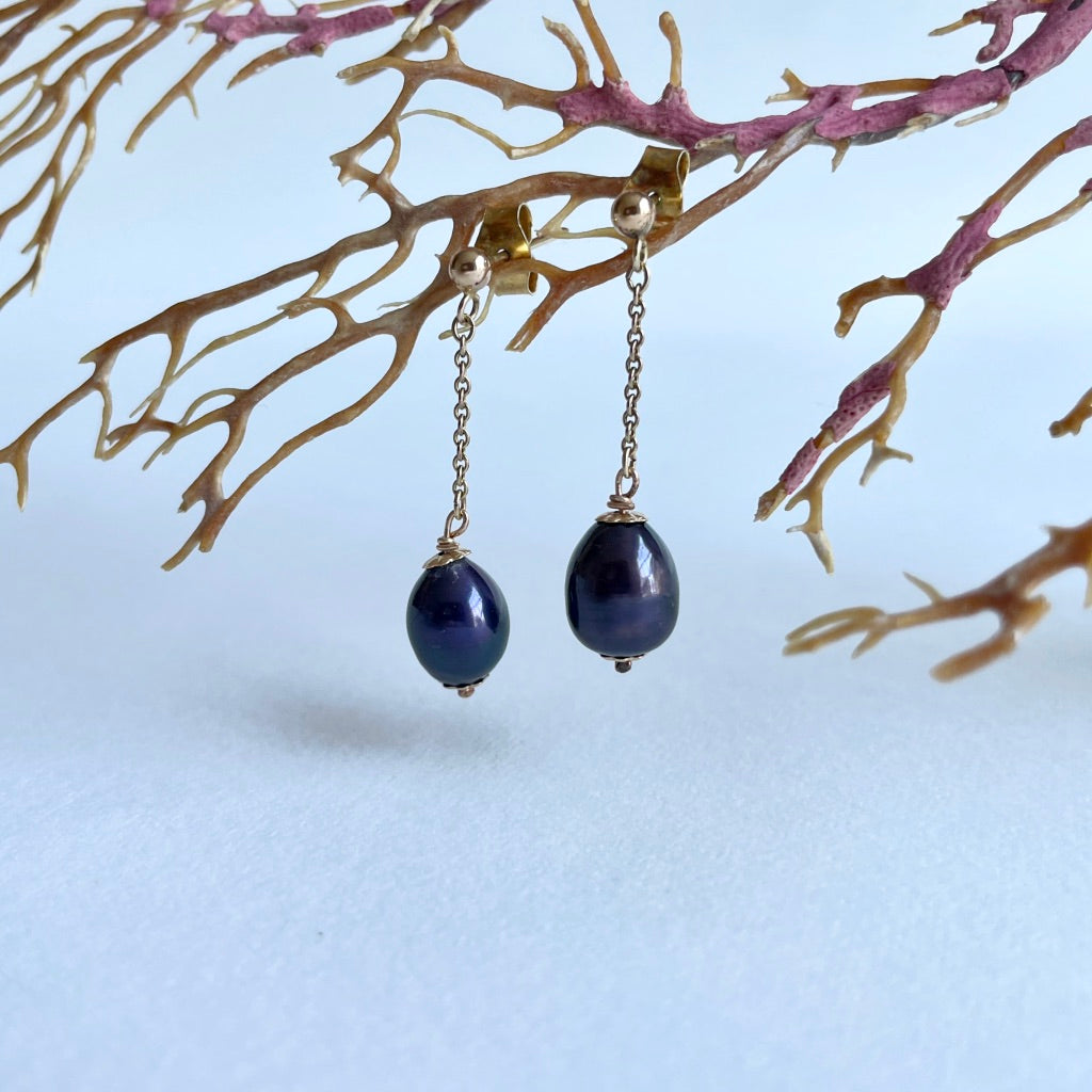 Freshwater Black pearl and Gold Chain Stud Earrings. Badger's Velvet