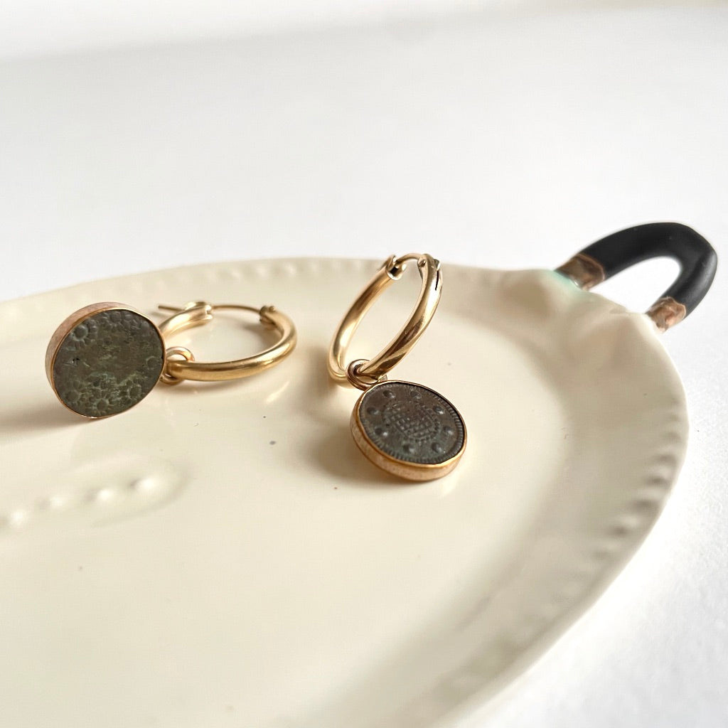 Gold and 18thC Bronze Button Hoop Earrings