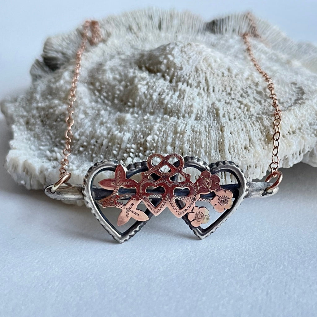 Rose Gold Hearts & Flowers Victorian Sweetheart Necklace