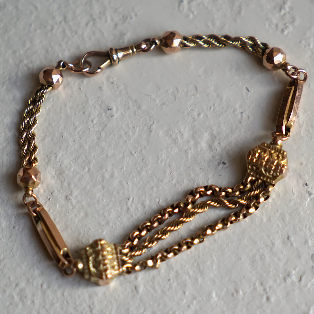 9ct Gold antique watch chain Bracelet, unique vintage gold.