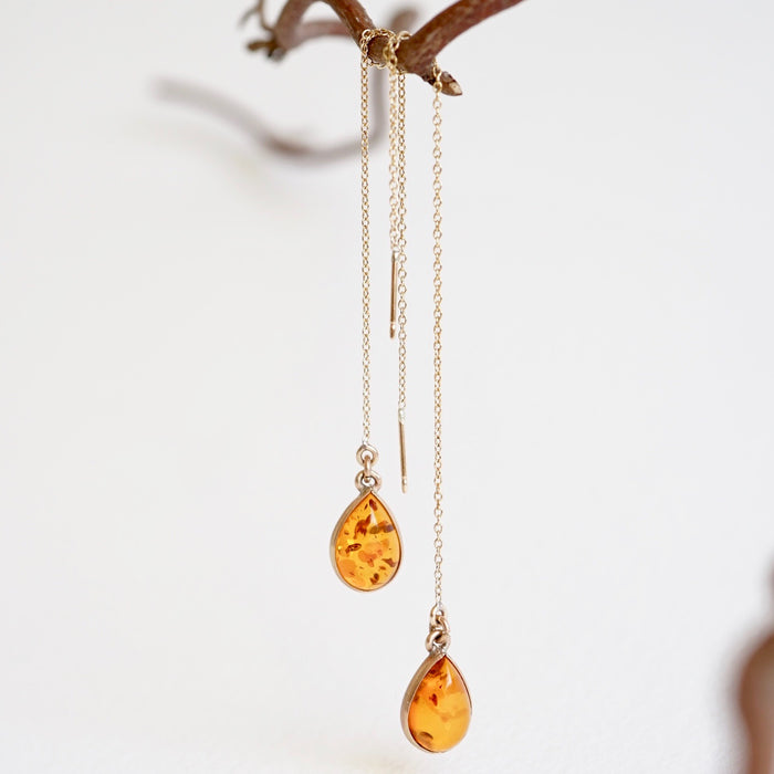 Amber Teardrop and Gold Threader Earrings
