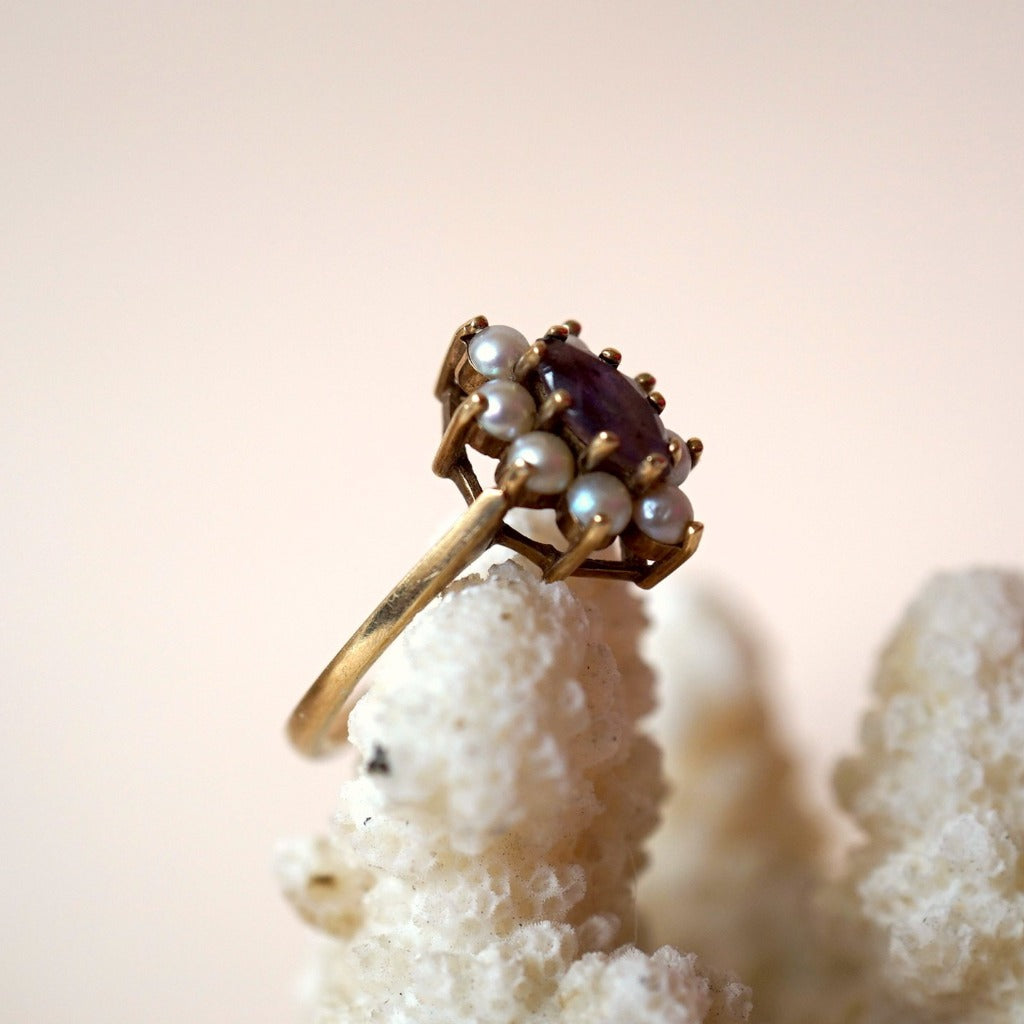 9ct Gold Seed Pearl and Amethyst Oval Ring