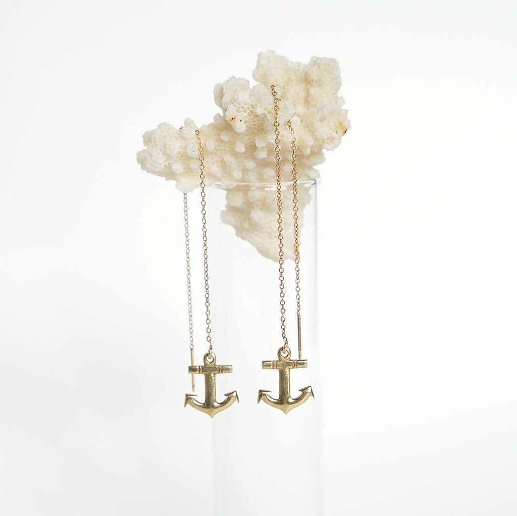 Gold Anchor threader earrings, 60s gold anchors, Anchor Earrings 