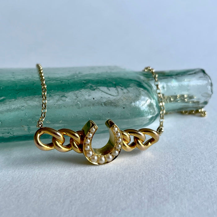 Antique Gold and Seed Pearl Lucky Horseshoe Necklace, Badgers Velvet Horeseshoe and Gold Necklace 