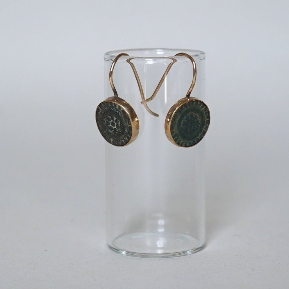 Gold and 18thC Bronze Button Hook Earrings Badgers Velvet
