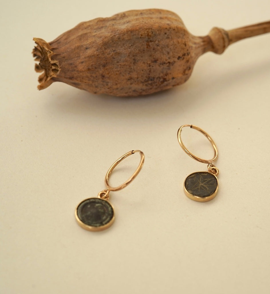 Gold and 18thC Bronze Button Hoop Earrings. Badger's Velvet