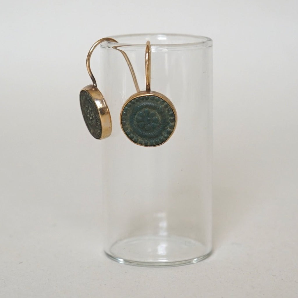 Gold and 18thC Bronze Button Hook Earrings