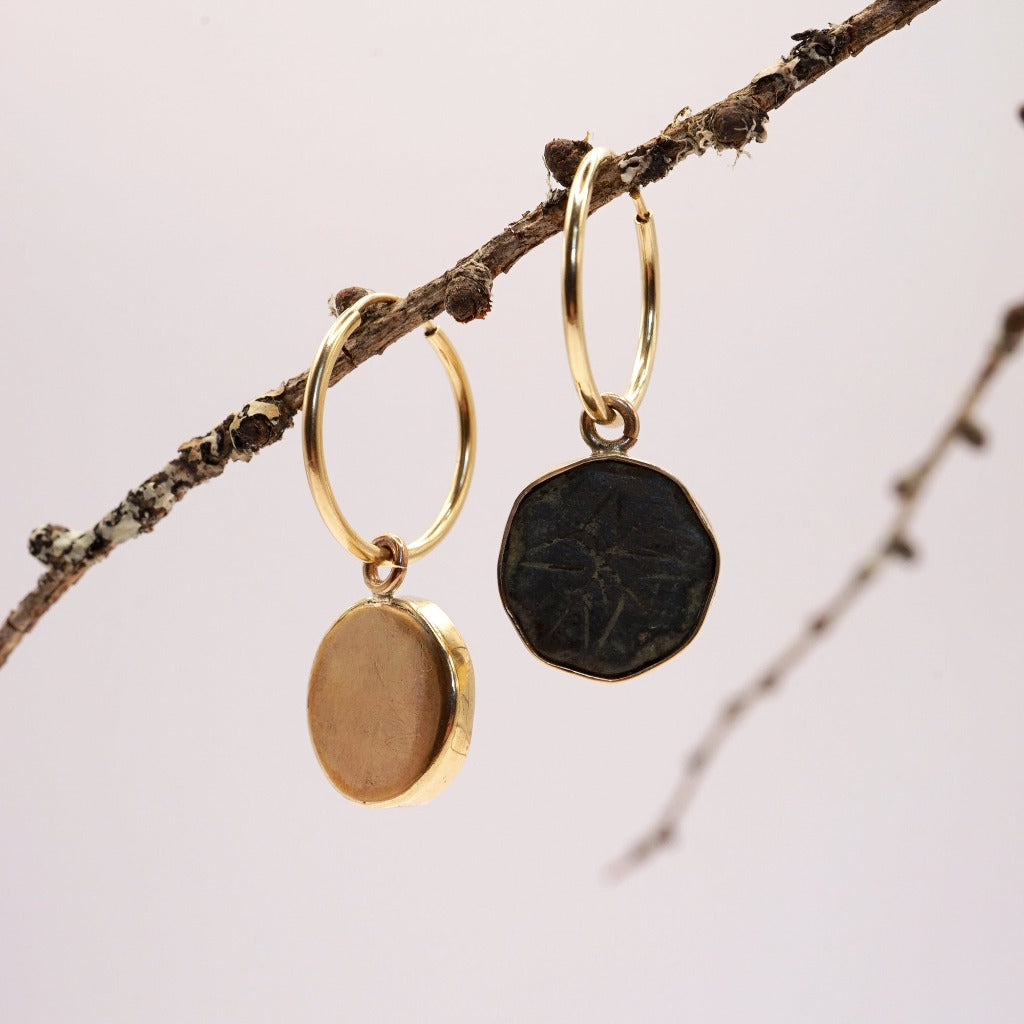 Gold and 18thC Bronze Button Hoop Earrings