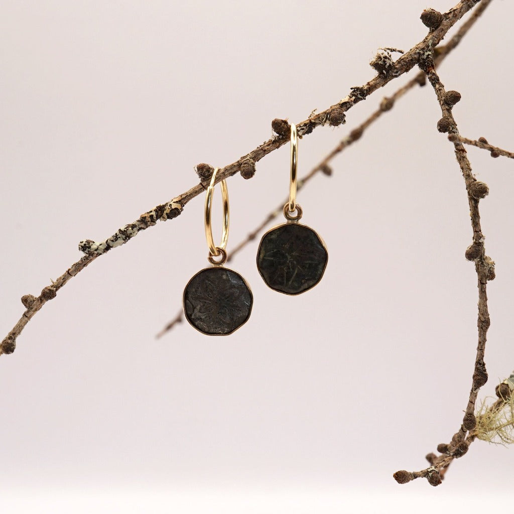 Gold and 18thC Bronze Button Hoop Earrings