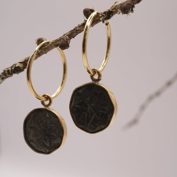 Gold and 18thC Bronze Button Hoop Earrings