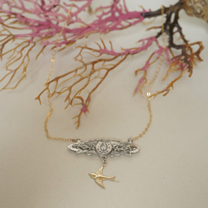 Silver and Gold Horseshoe and swallow necklace Badger's Velvet 