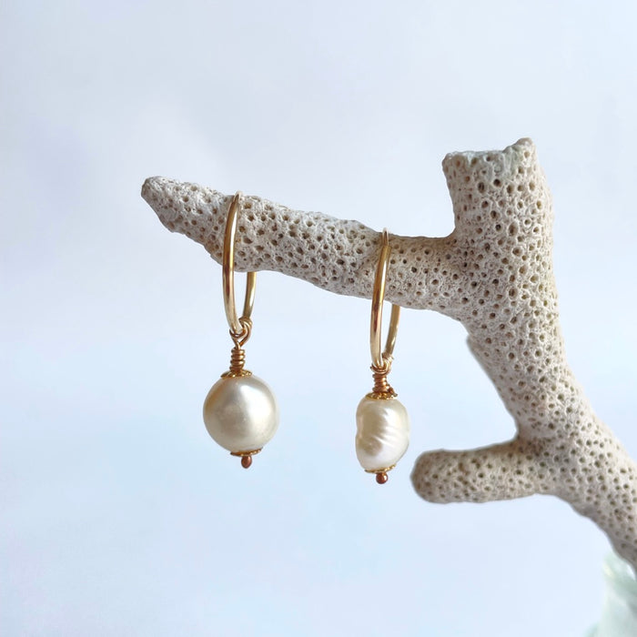 Gold and Baroque Pearl Hoops 
