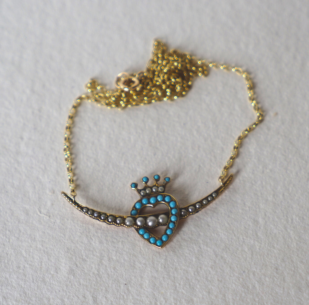 Antique 9ct gold Seed Pearl and Turquoise Love Heart Necklace