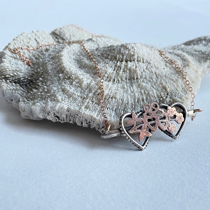 Rose Gold Hearts & Flowers Victorian Sweetheart Necklace