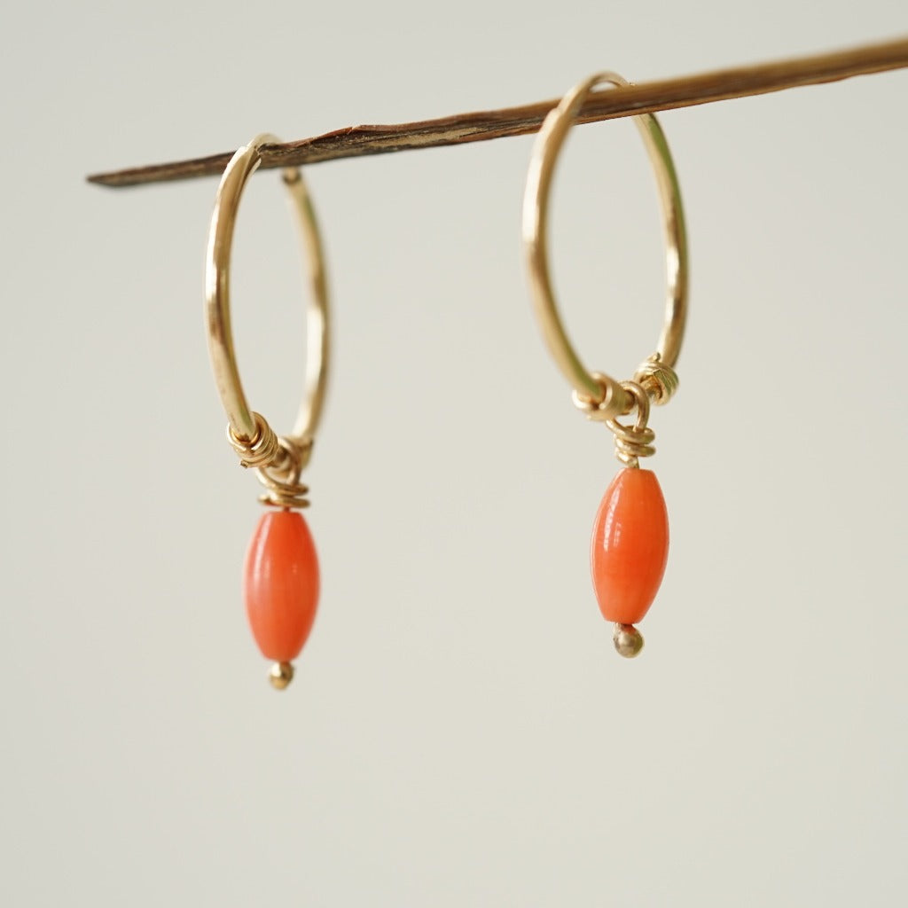 Oval Coral Bead and Gold Hoop Earrings