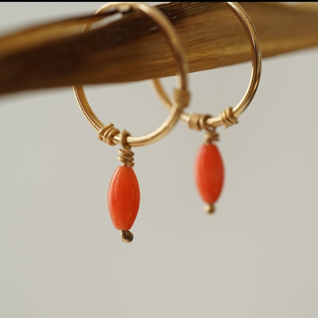 Oval Coral Bead and Gold Hoop Earrings