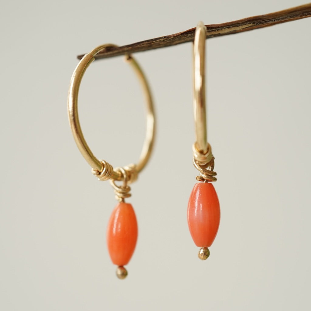 Oval Coral Bead and Gold Hoop Earrings