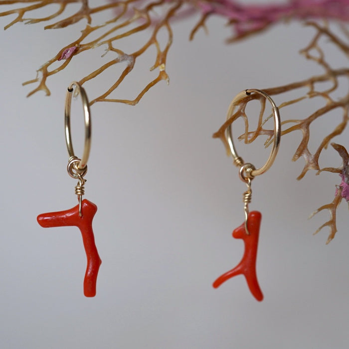 Twig Coral and Gold Hoop Earrings