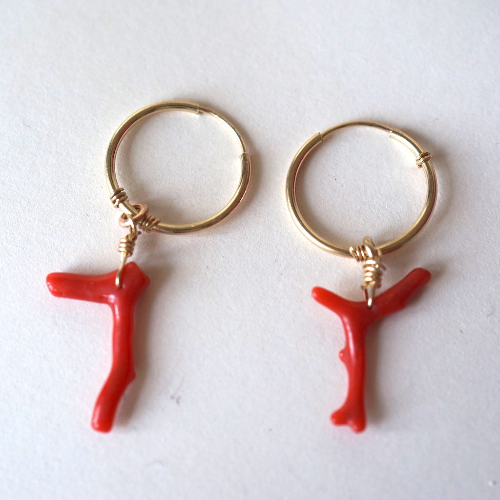 Twig Coral and Gold Hoop Earrings