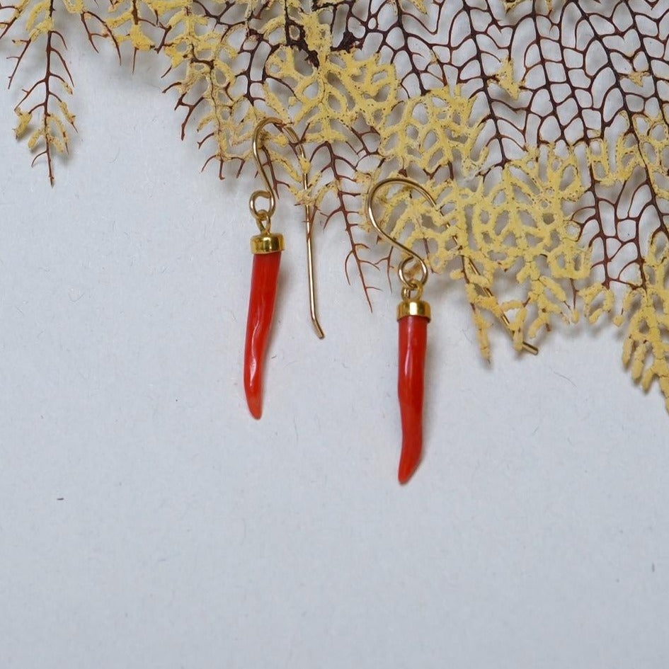 Coral and Gold Hook earrings. Badgers Velvet