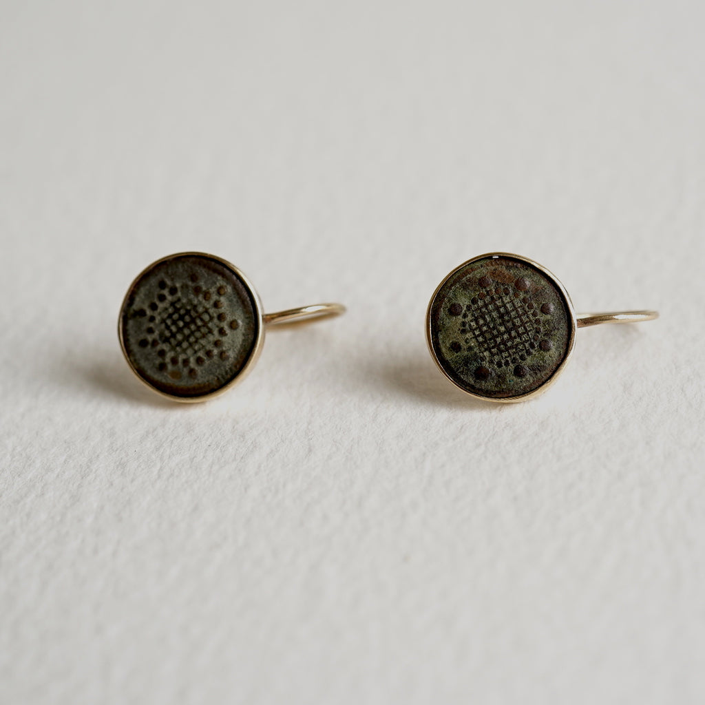 Gold and 18thC Bronze Button Hook Earrings