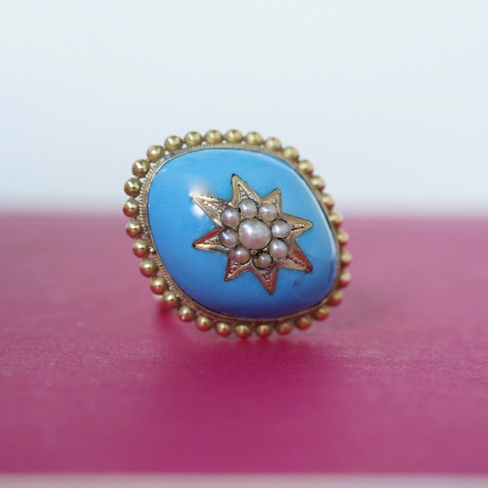Gold Enamel and Seed Pearl Ring