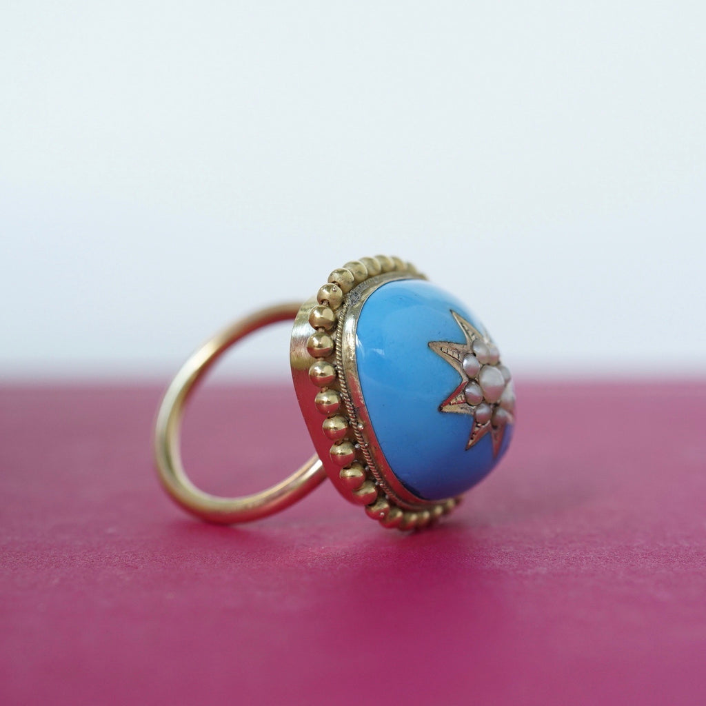 Gold Enamel and Seed Pearl Ring