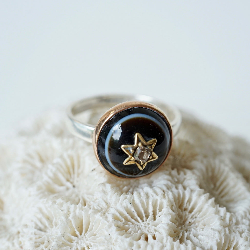 Gold Banded Agate and Diamond Ring