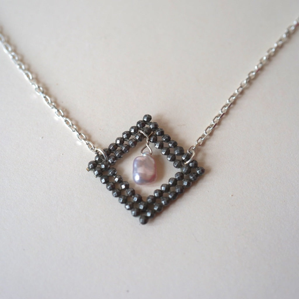 Georgian Cut Steel Diamond Eye Buckle and Pearl Silver Necklace.