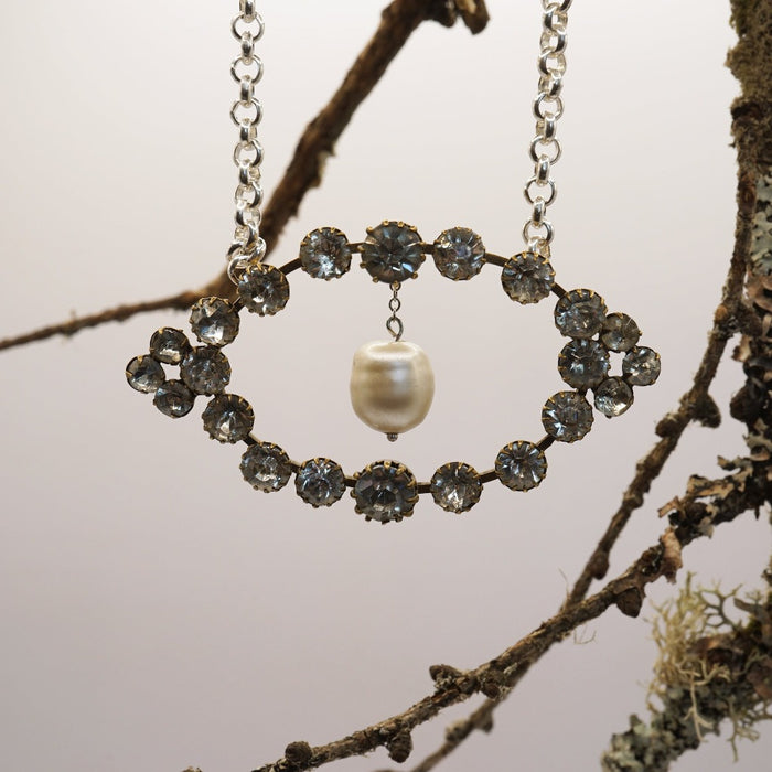 Diamante and Oyster White Pearl 3rd Eye Silver Necklace. Badger's Velvet