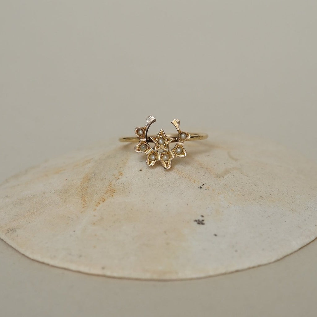 Gold and Seed Pearl Crescent Moon and Star Ring