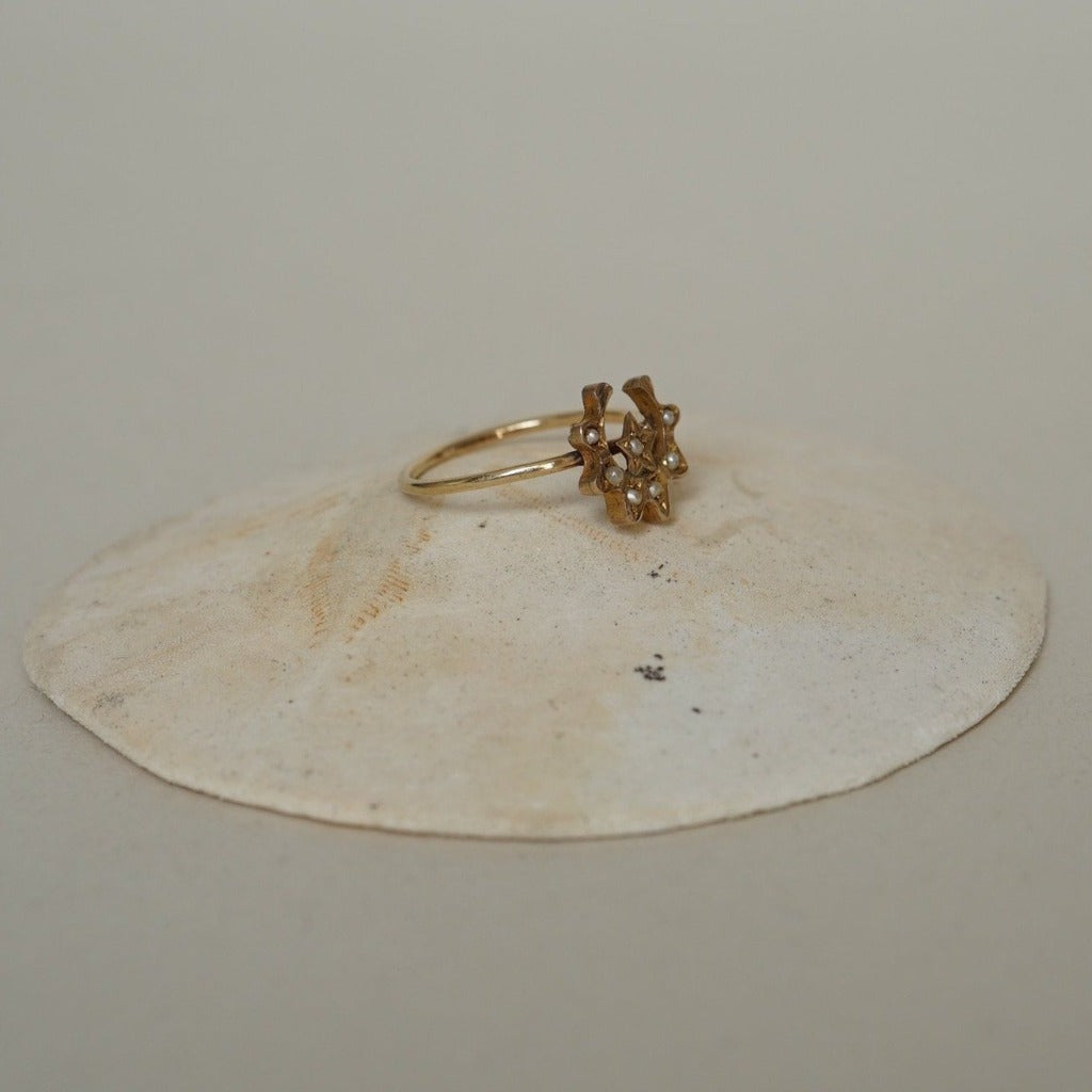 Gold and Seed Pearl Crescent Moon and Star Ring