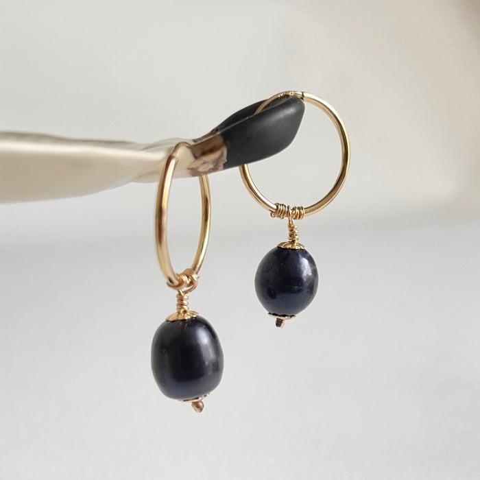 Gold and Black Freshwater Pearl Hoops