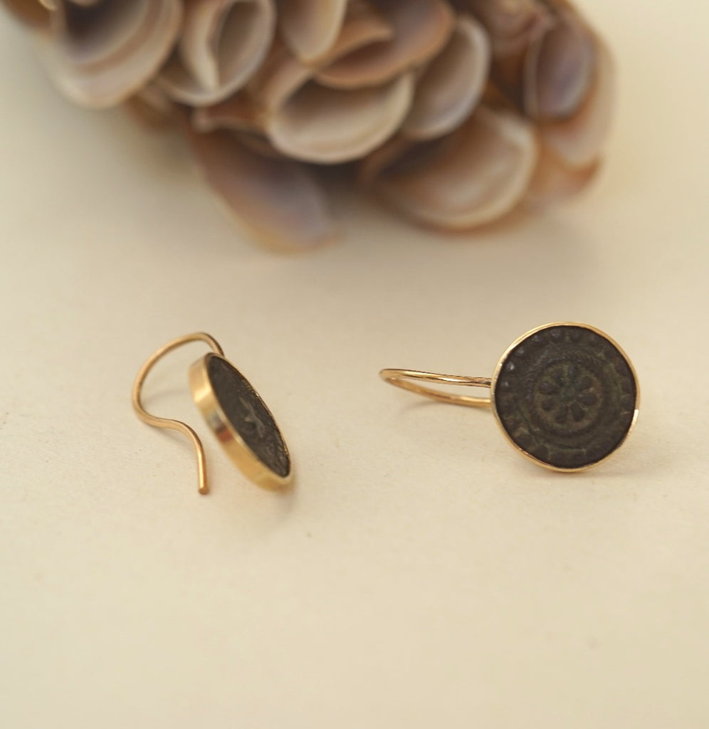 Gold and 18thC Bronze Button Hook Earrings. Badger's Velvet