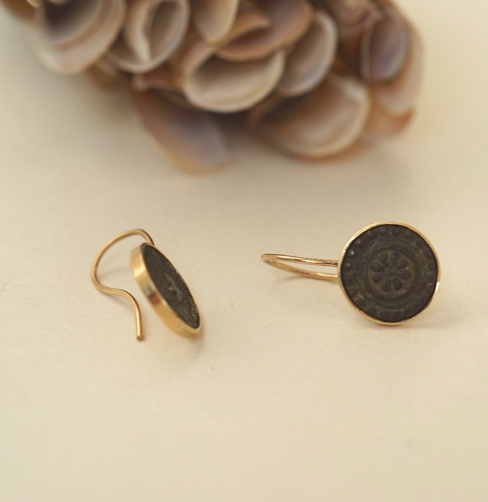 Gold and 18thC Bronze Button Hoop Earrings. Badger's Velvet