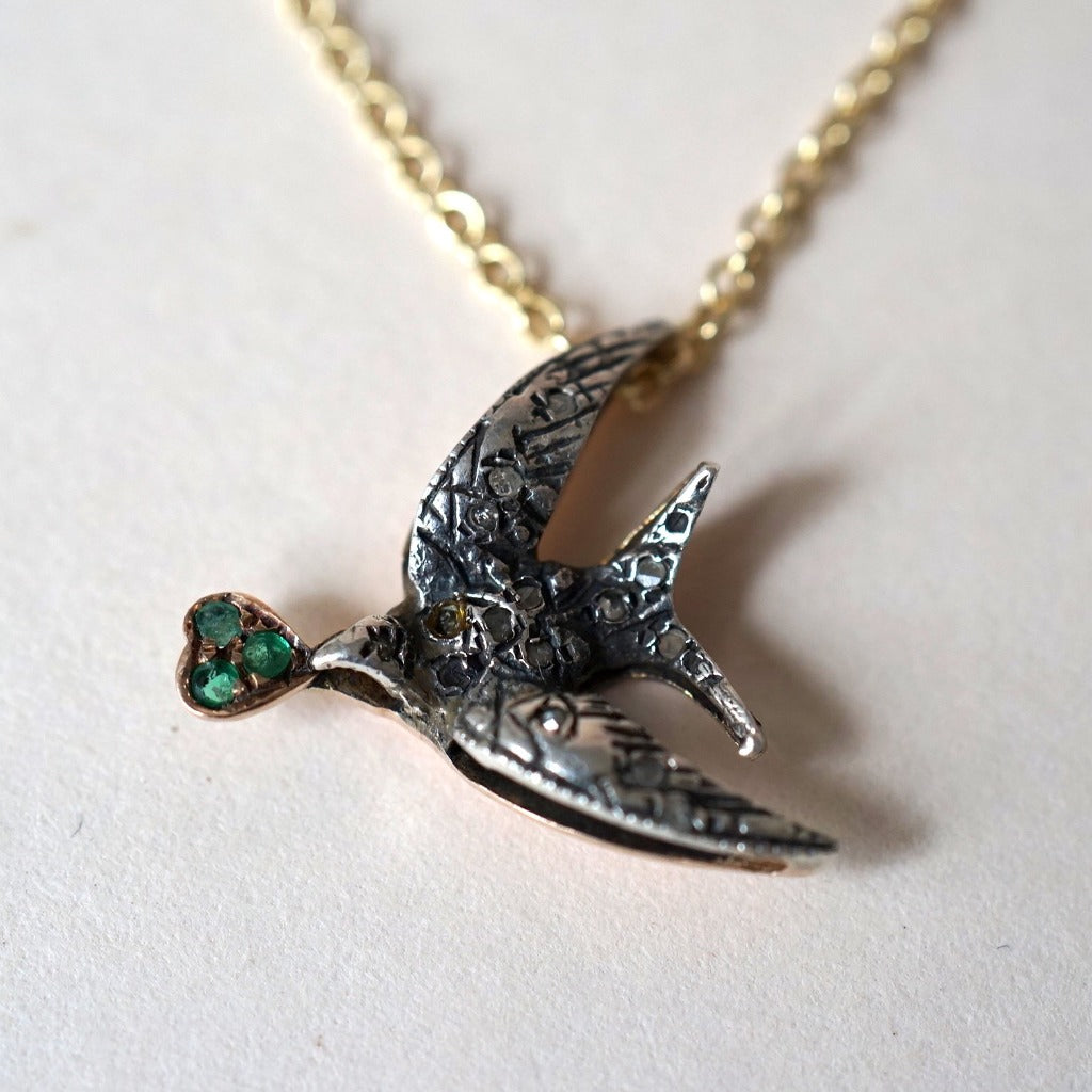 Gold Swallow Diamond and Emerald Pendant. Badger's Velvet