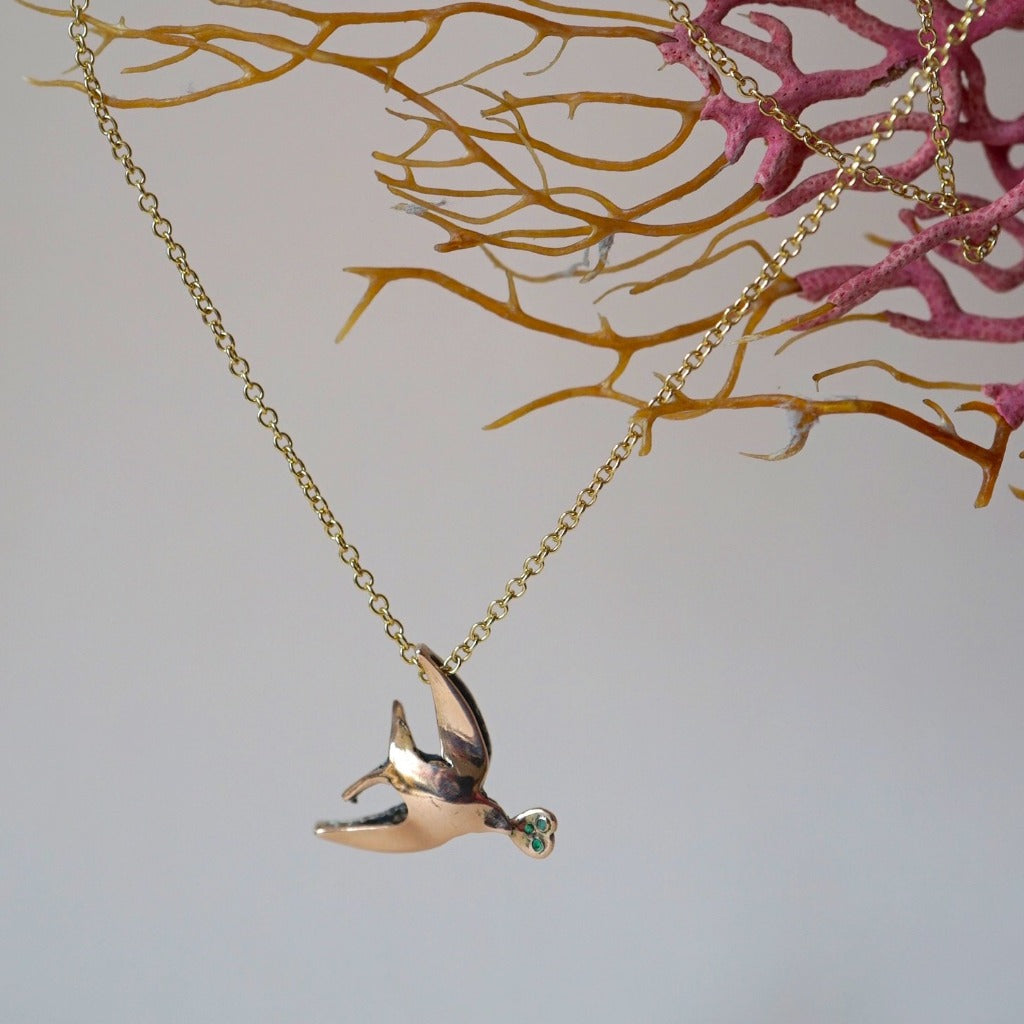 Gold Swallow Diamond and Emerald Pendant. Badger's Velvet