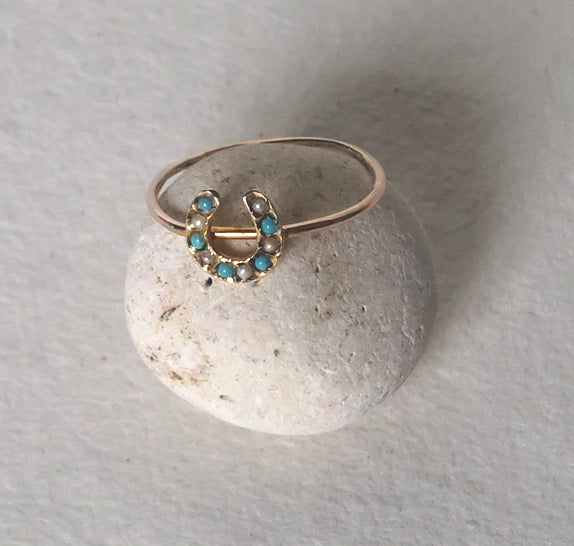 9ct Gold Lucky Horseshoe Ring with Seed pearls & Turquoise